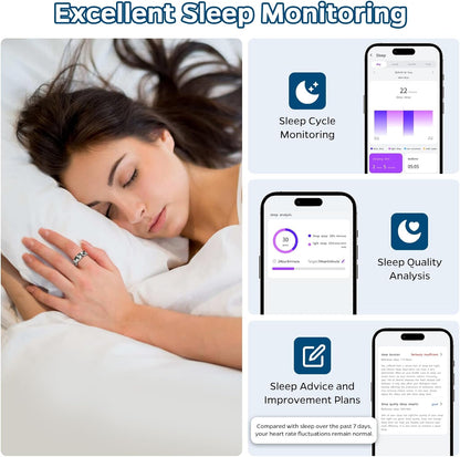 Smart Ring Health Tracker, Sleep Tracker Ring with Heart Rate,Waterproof Fitness Ring for Activity Monitoring/Steps/Distance/Calories,Air Gestures,Up to 7Day Battery,For Ios Android(Stylish Silver#12)