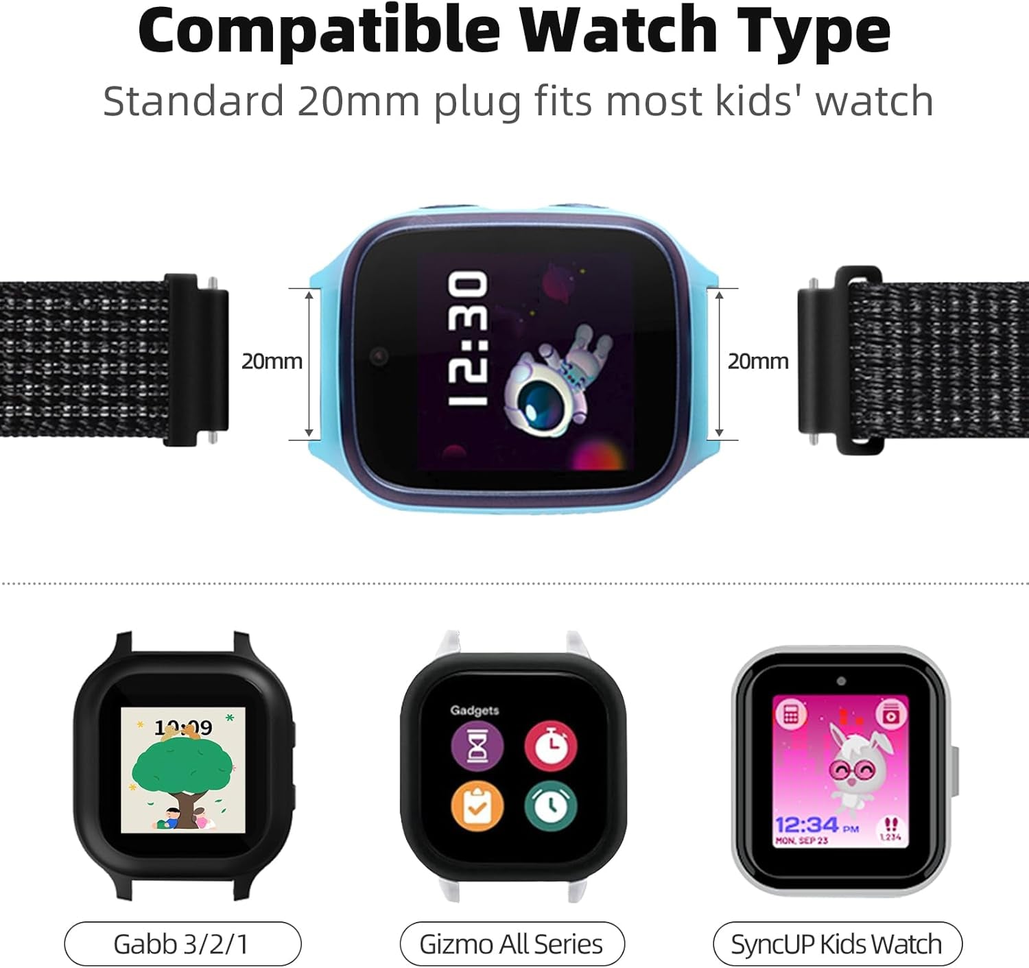 2 Pack Replacement Nylon Bands Compatible with Gizmo Watch 3 2 1/Gabb Watch 3E 3 2 1/Syncup Kids Watch, Hook & Loop Design Easy for Kids to Put on & Off, Breathable & Washable